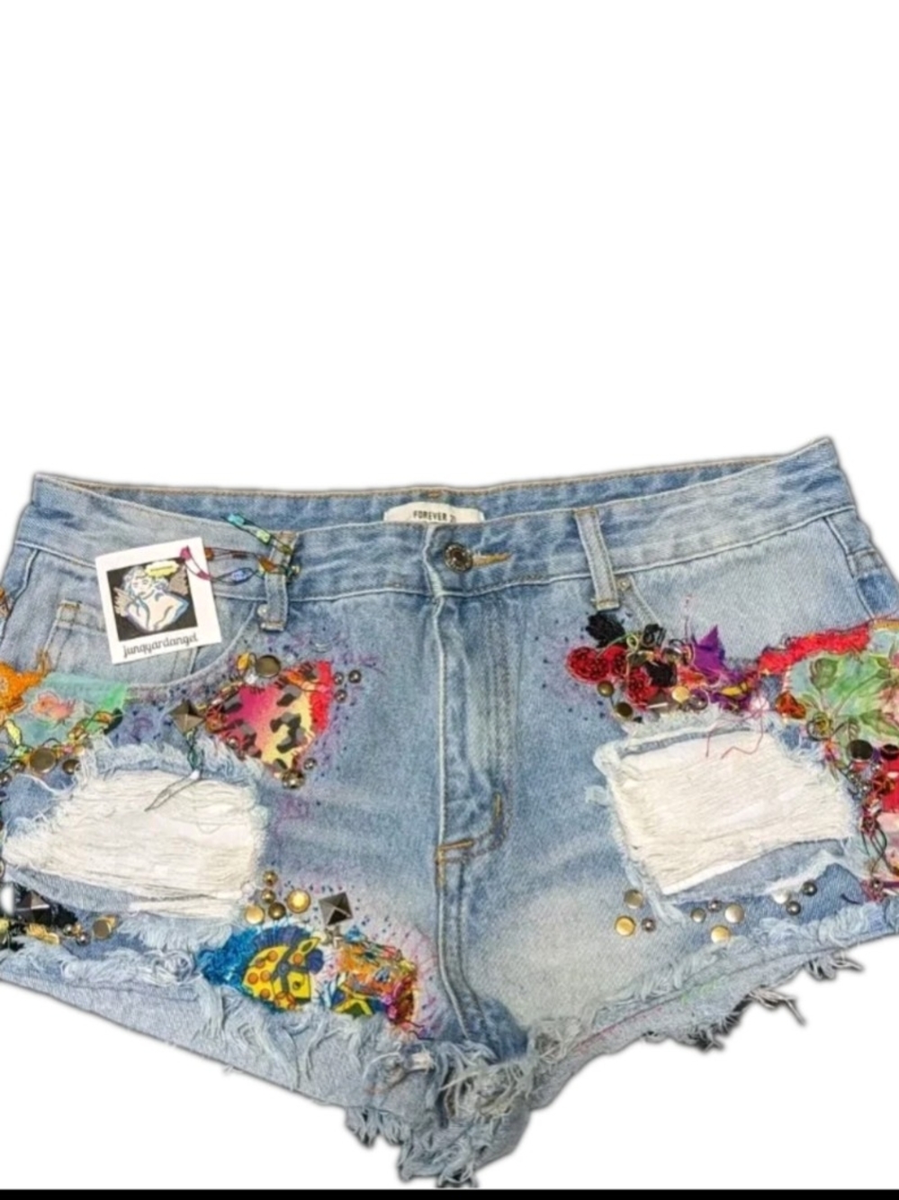 Hippie Distressed Embellished Denim Shorts Appliques Embroidery Vintage